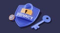 3d render shield with padlock and tick sign. Concept of privacy, good password, secure data protection, computer or phone acc...