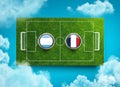 3d render of shields featuring the flags of Argentina and France over a soccer field