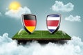 3d render of shields featuring the flags of Germany and Costa Rica over a soccer field