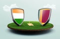 3d render of shields featuring the flags of India and Sri Lanka over a baseball field