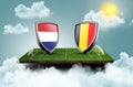 3d render of shields with the flags of Belgium and the Netherlands against a blue sky background
