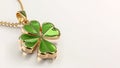 3D Render of Shiny Green And Golden Clover Pendant And Copy Space. St Patricks Day Concept