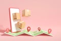 3d render shipping online from smartphone with pin location map. delivery package shopping on mobile phone. parcel tracking gps