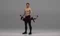3D Render : a shirtless young male archer pose practicing archery in the studio Royalty Free Stock Photo