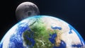 3D Render Show Up Moon Behind Close Up Earth Planet On Galaxy Space 3D Illustration Background