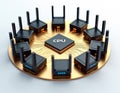 3D render shows central processing unit with routers. Wireless tech network concept presented. Digital data transfer Royalty Free Stock Photo