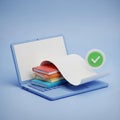 3D Illustration of Laptop with Stacked Books and Digital Checklist on Blue Background computer Royalty Free Stock Photo