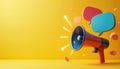 3d render shows red, blue megaphone on yellow background. Bright speech bubbles in red, blue float near megaphone. Megaphone Royalty Free Stock Photo