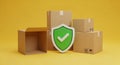 Cardboard Boxes Stacked With Green Shield Icon and Check Mark Symbol shipping delivery Royalty Free Stock Photo