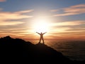 3D silhouette of a man with arms raised against a sunset ocean l