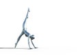 3D render of a silver bald female gymnast on a white background doing a handstand.