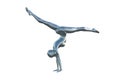 3D render of a silver bald female gymnast on a white background doing a handstand.