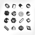 3d render silver geometric shapes objects set on white background. Metal chrome glossy realistic primitives
