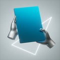 3d render silver hands hold blue metallic digital pad blank mockup. Electronic device isolated on grey background. Royalty Free Stock Photo