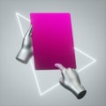 3d render silver hands hold pink metallic electronic mobile device, gadget, pad blank mockup isolated on grey background Royalty Free Stock Photo