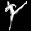 3d Render Silver Stickman - Karate Kicking Pose with Legs at Head Height