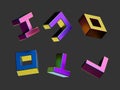 3d render, simple iridescent geometric shapes, abstract cubic objects. Collection of colorful metallic design elements, isolated