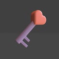 3D render simple key with a heart shape on top, valentine's day concept