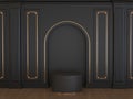 3D Render Single Black Podium with wall panel decoration background