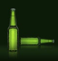 3D render. Single green beer bottle without brand designation. Full glass bottle covered with water drops against green