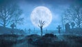 3d render Skeleton arm crawls out of the ground at night against the background of the moon in the cemetery Royalty Free Stock Photo