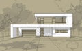 3D render sketch of modern cozy house in chalet style