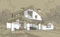 3D render sketch of modern cozy house in chalet style