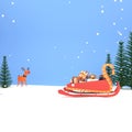 3D Render Sleigh Full Of Gift Boxes With Xmas Trees, Cartoon Rudolph On Blue And White Snowfall Background And Copy