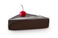 3D render. of a slice of chocolate cake with a chocolate covering at top and having chocolate filling and a red sugar glazed