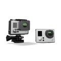 3D render of small gray action cameras on a white background