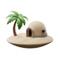 A small sand island with a palm tree and a dome shaped building on a white background in 3d render Royalty Free Stock Photo