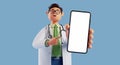 3d render, smart doctor cartoon character talking, wears white coat and glasses, shows smart phone with blank screen to the camera