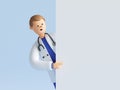 3d render, smart doctor cartoon character wearing uniform and stethoscope,looking out the corner, medical background, blank banner Royalty Free Stock Photo