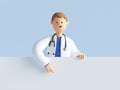 3d render, smart doctor cartoon character wearing uniform and stethoscope, pointing finger down, medical background, blank banner