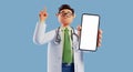 3d render, smart doctor cartoon character wears white coat and glasses, shows smart phone with blank screen to the camera. Finger