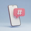 3D Render of a Smartphone Displaying a Hashtag Icon in a Speech Bubble mobile phone cell phone Royalty Free Stock Photo