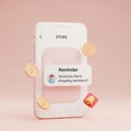 Smartphone displaying a shopping reminder notification with floating coins and a bell icon Royalty Free Stock Photo