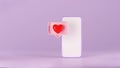 3d render of smartphone with love icon in pastel pink speech bubble box. Notification element in social media, symbol of