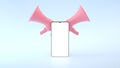 3d render of smartphone with pink megaphones on blue background. Social share data concept. Smartphone for sharing posts, view, Royalty Free Stock Photo