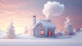 3D Render Snowy Landscape with a Cozy Cottage, Winter Scene, Festive Cabin, Holiday Getaway