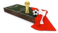 3D Soccer ball and trophy on grass patch with flag Royalty Free Stock Photo