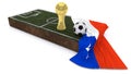 3D Soccer ball and trophy on grass patch with flag Royalty Free Stock Photo