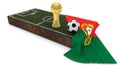 3D Soccer ball and trophy on grass patch with flag Royalty Free Stock Photo