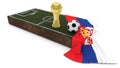 3D Soccer ball and trophy on grass patch with flag Royalty Free Stock Photo