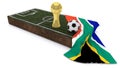 3D Soccer ball and trophy on grass patch with flag Royalty Free Stock Photo