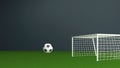 3D Render Soccer Ball On Green Grass In Front Of Goal Net Against Background And Copy