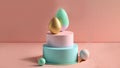 Soft Color Eggs On Circular Podium Against Pastel Pink Background And Copy Space. Happy Easer Day Concept Royalty Free Stock Photo