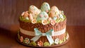 Soft Color Eggs With Flowers Decorative Cake And Fondant Ribbon Against Brown Texture Background. Happy Easter