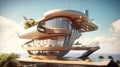 3D Render Solarpowered Hover House With Sky Deck And Jetpack Access. Generative AI