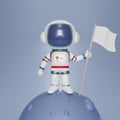 3D render spaceman astronaut standing on moon , cartoon character astronaut on a tiny planet in space and and holding a flag in Royalty Free Stock Photo
